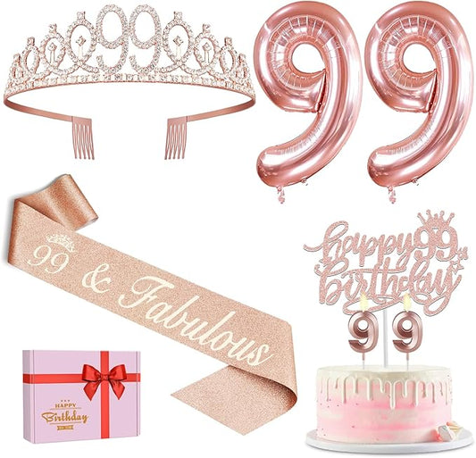 99th Birthday Decorations for Women with 99th Birthday Sash and Tiara, Cake Topper and Candles, Number Balloons, 99 Year Old Gifts for Women