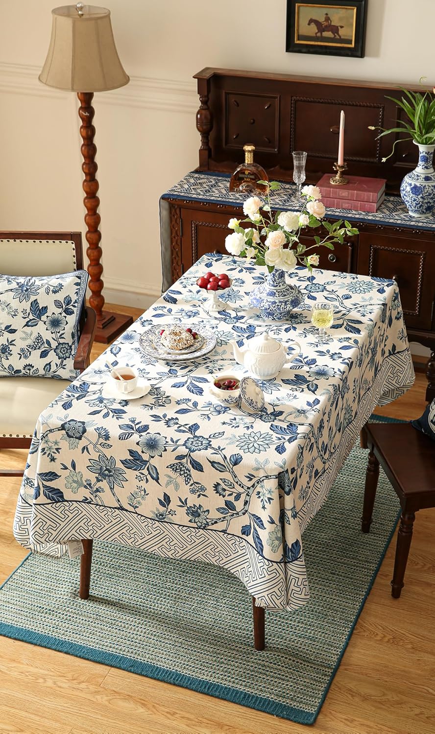 Vintage Blue and White Rectangle Tablecloth,French Linen Floral Wrinkle Free Tablecloths,Decorative Table Cover for Kitchen,Dining,Party,Thanksgiving,Christmas,55"*79"-Suqing