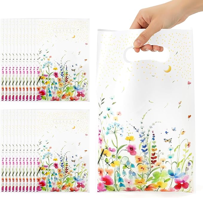 Wildflower Gift Bags, 50Pcs Reusable Wildflower Party Favor Bag with Handles, Plastic Wildfloral Goodie Candy Treat Bags Floral Gift Bag for Spring Wedding Baby Shower Birthday Party Supplies Decor