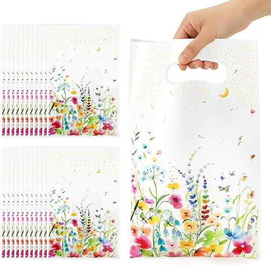 Wildflower Gift Bags, 50Pcs Reusable Wildflower Party Favor Bag with Handles, Plastic Wildfloral Goodie Candy Treat Bags Floral Gift Bag for Spring Wedding Baby Shower Birthday Party Supplies Decor