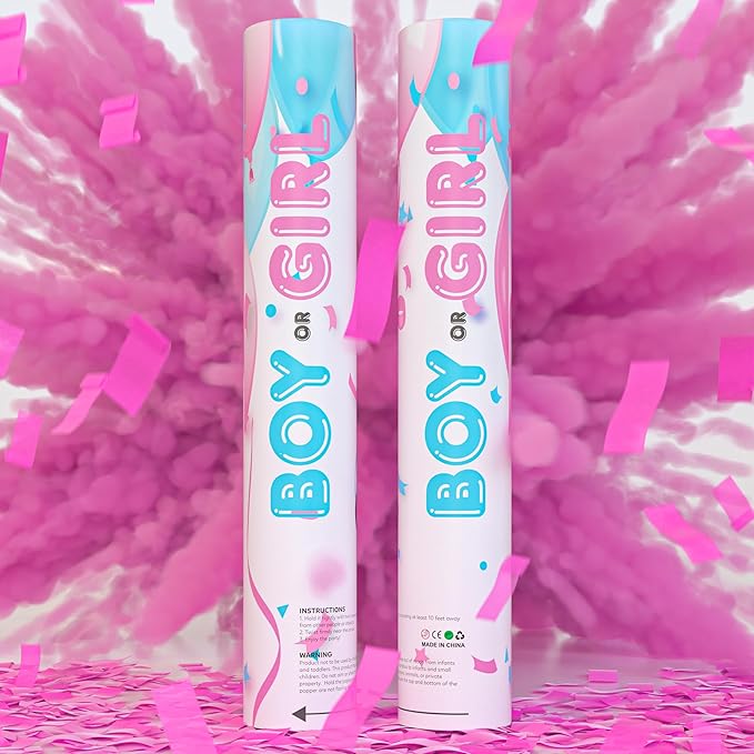 TUR Party Supplies Gender Reveal Poppers | 2 Pink Confetti & Powder Cannons | Biodegradable | Baby Gender Reveal Decorations