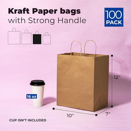 FMP Brands 100 Pack 10x7x12 Inches Kraft Paper Gift Bags with Handles Bulk, Durable Brown Paper Bags for Party Favors, Craft Gift Bag for Birthday Packaging, Small Business and Shopping Lunch