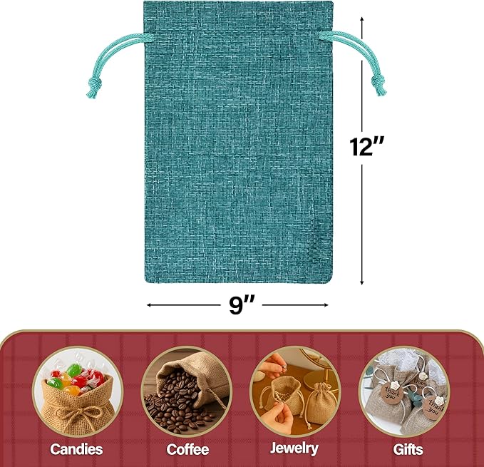 Mandala Crafts 9X12 Inch Teal Burlap Drawstring Gift Bags for Favors - 20 Large Linen Sacks Gift Pouches for Candy, Coffee, Jewelry, Wedding, and Party Supplies