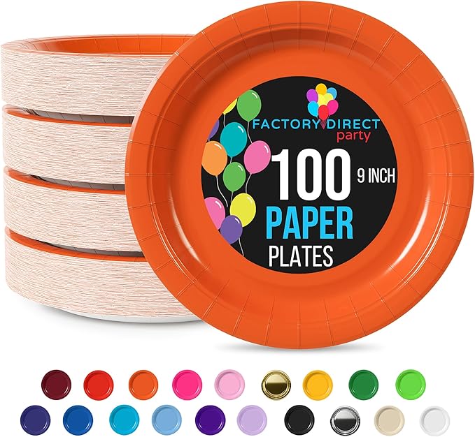 Exquisite Party Solids Orange Paper Plates Disposable Heavy Duty 9 Inch Orange Disposable Plates For Party 100 Pcs Heavy Duty 350 GSM, Birthday Supplies