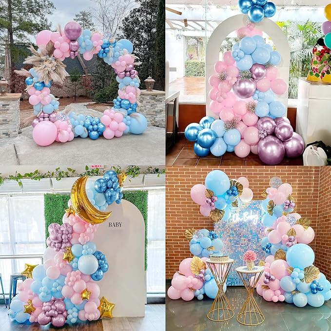 Gender Reveal Pink and Blue Balloons Set, 60 Piece 12 Inch Macaron Confetti Star Pattern Balloons with Ribbon for Birthday Wedding Baby Party Decorations