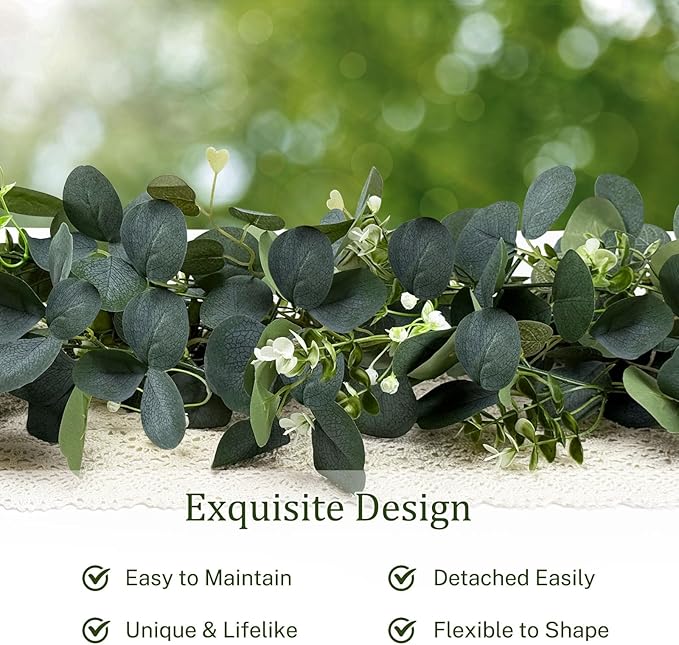 Eucalyptus Garland, 6Pcs 6FT Green Flower Garland Decor, Spring Summer Artificial Faux Eucalyptus Leaves Greenery Vines for Table Runner Wedding Arches Mantle Centerpieces Backdrop Decorations
