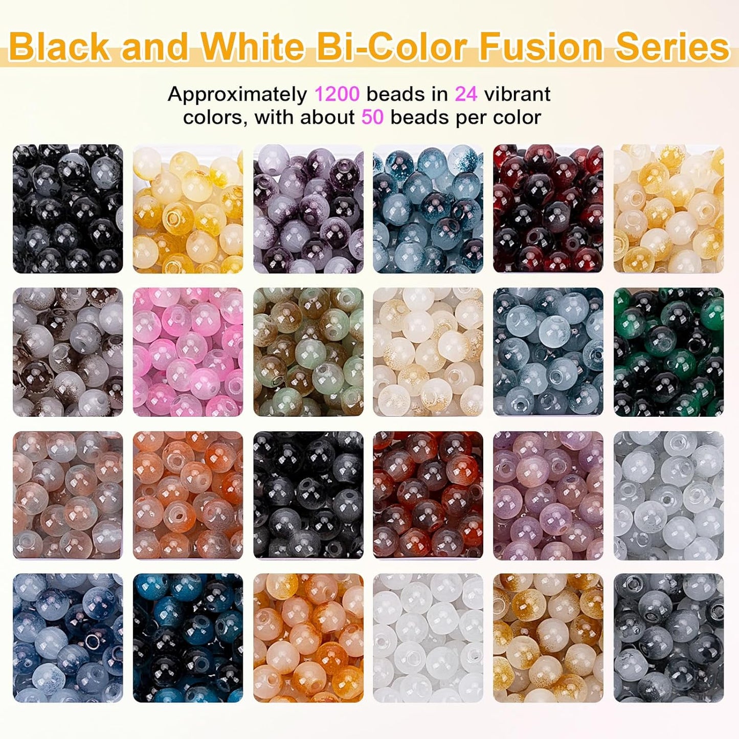 XSEINO About 1200+ pcs 6mm Glass Beads Bracelet Making Kit, 24 Assorted Black and White Bi-Color Fusion Series Crystal Beads for Jewelry Making, DIY Crafts, Friendship Bracelets