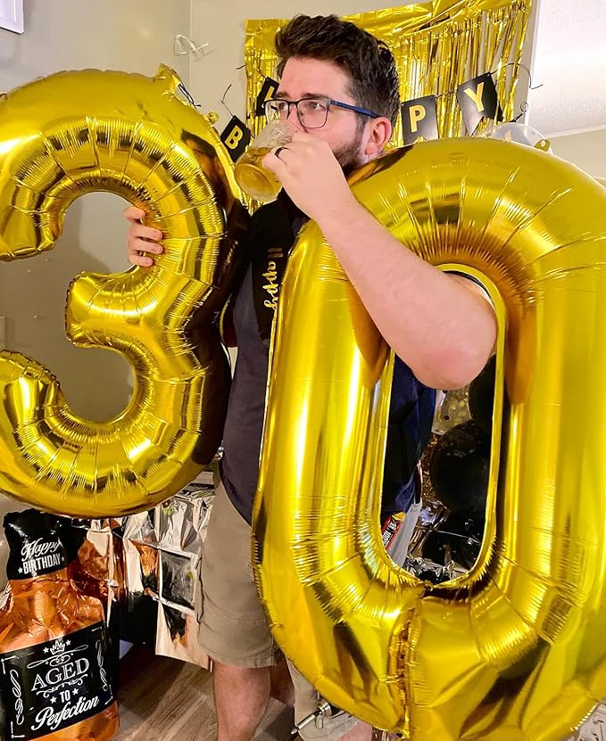 Gold Number 30 Balloon 40 inch, 30 Number Balloons, 30th Gold Birthday Decorations, 30 Year Old Women Men Golden Party Supplies