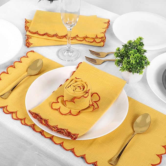 FINGERCRAFT Cloth Napkins, Everyday Use Scallop Design, Premium Quality Natural Cotton Napkin Set of 6 Perfect for Parties Dinners Weddings Easter Napkin Cloth 20x20 inch Daffodil/Rust