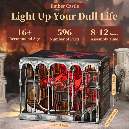 Book Nook Kit, DIY Miniature House Dollhouse Kit for Adult and Teens, Booknook Bookshelf Decor Castle Model Build with LED Light, Gifts for Family and Friends (Ember Castle)