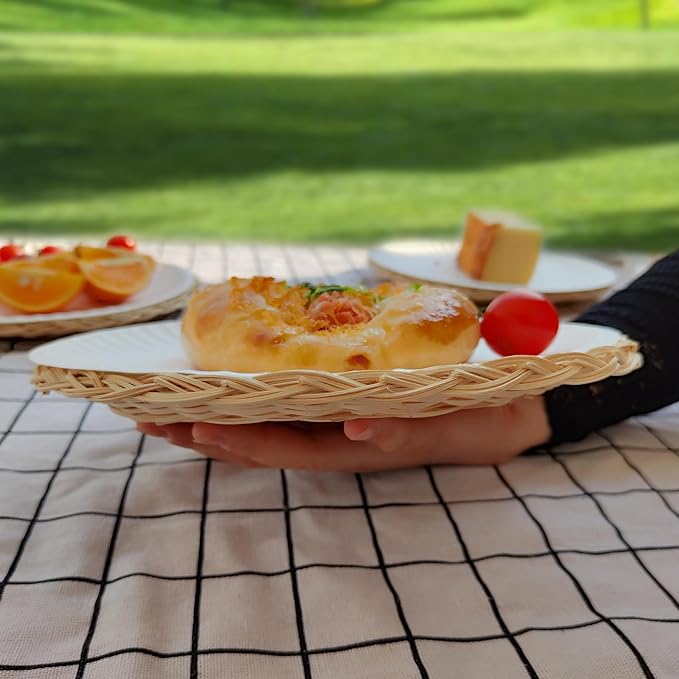 10in Handmade Wicker Paper Plate Holder, Heavy Duty Charger Plates for Dinner Plates, Set of 4 Reusable Bamboo Paper Plate Holders for Home Party Daily Dining Picnic