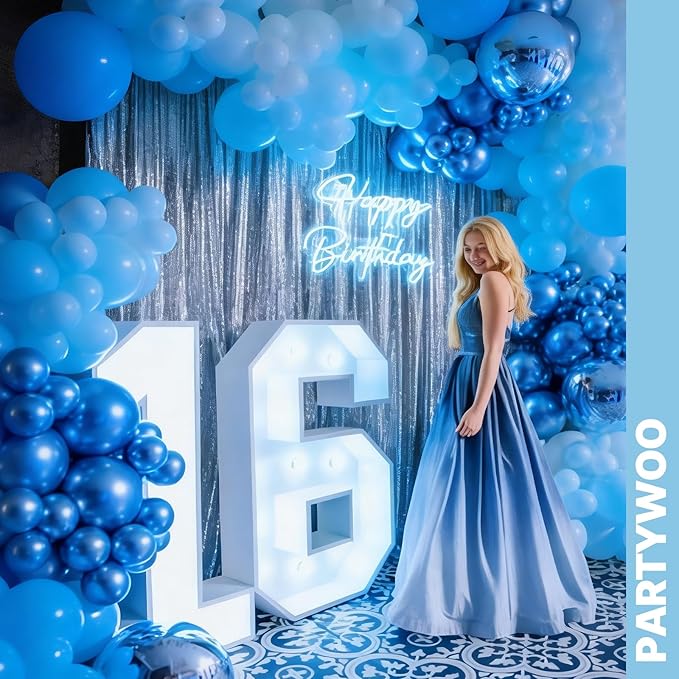 PartyWoo Blue and Silver Balloons 65pcs 12 Inch Light Pastel Baby Metallic Pearl Blue Metallic Chrome Silver Confetti Balloons for Gender Reveal Wedding Baby Shower Birthday Party Decorations