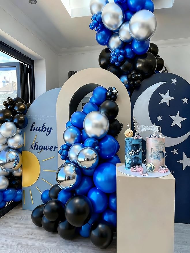 Black Blue Balloon Garland, Double Stuffed Navy Royal Blue Black Metallic Silver Foil Balloon Arch Kit for Birthday Graduation Baby Shower Wedding Anniversary Party Decorations