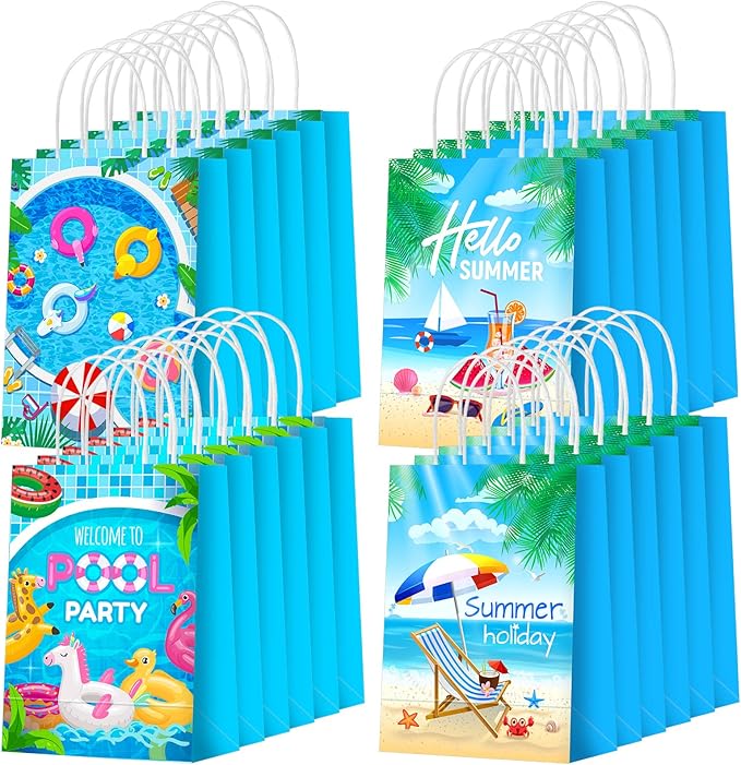 Outus 24 Pieces Summer Pool Party Favors Bags Beach Gift Goodie Paper Bags with Handles Beach Swimming Pool Candy Treat Pouch for Summer Hawaiian Luau Birthday Holiday Party Supplies