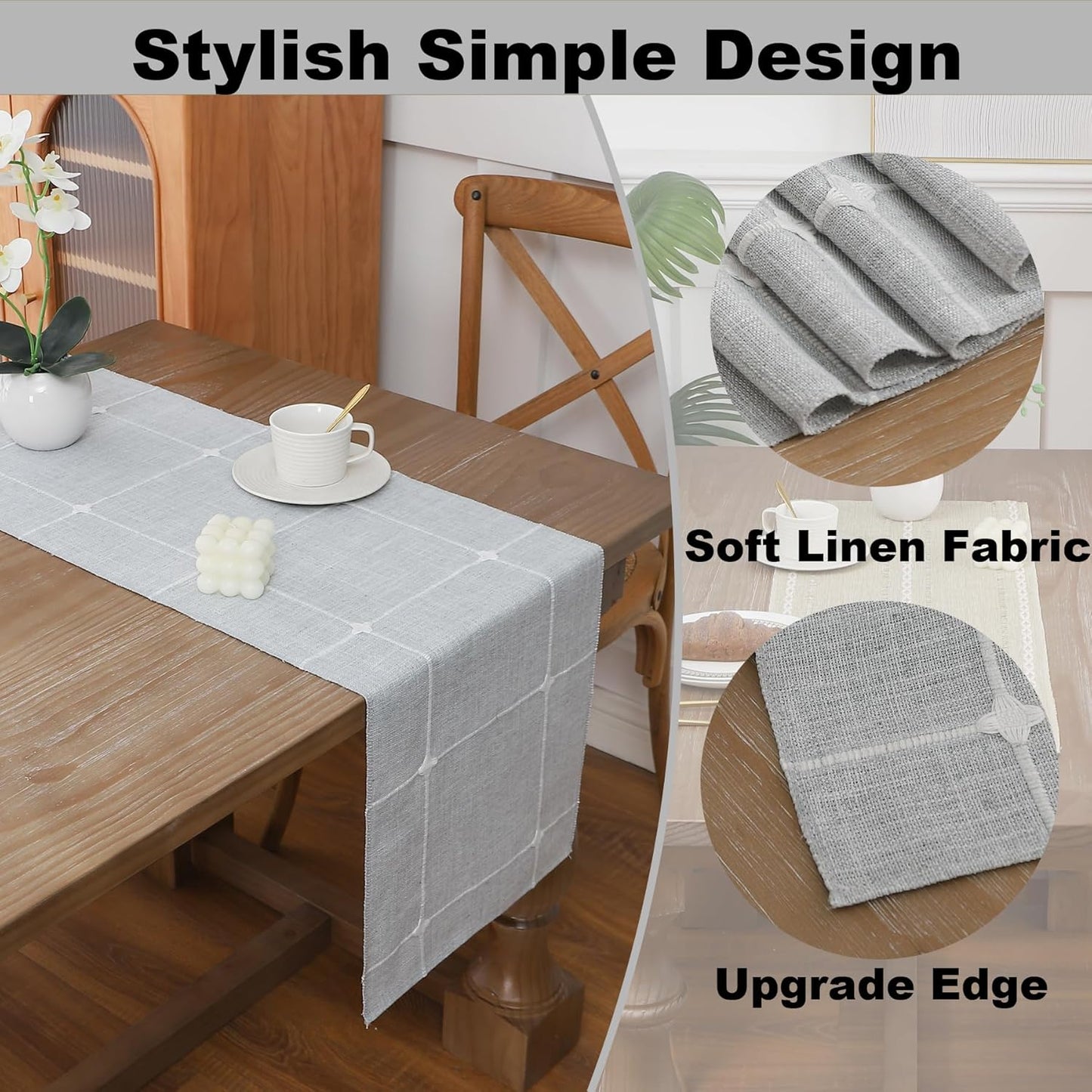 Gernaice Boho Table Runner, Modern Plaid Cotton Linen Farmhouse Table Runners for Holiday Wedding Dining Living Room Bedroom Home Decor, 108" L X 13" W Grey