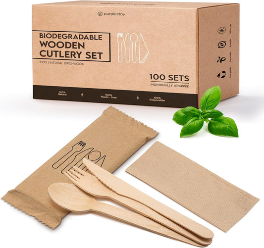 PURPLECLAY Disposable Wooden Utensils 300 PCS (100 Sets) Cutlery Wrapped with Fork, Spoon, Knife, Napkin