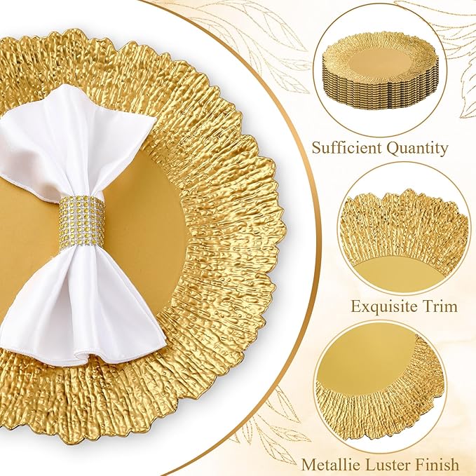 12 Pcs Charger Plates Bulk for Wedding Chargers 13" Reusable Round Serving Plate Table Chargers for Catering Family Party Restaurant Home Dinner Supplies (Reef, Gold)