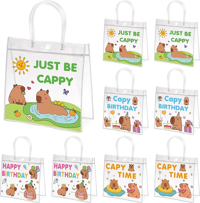 H1vojoxo Capybara Birthday Gift Bags - 24PCS Capybara Clear PVC Gift Bags with Handle 7.9x3.2x7.9 Inches Reusable Capy Time PVC Gifts Wrap Bag Just Be Cappy Tote Bag for Birthday Party Favor Supplies