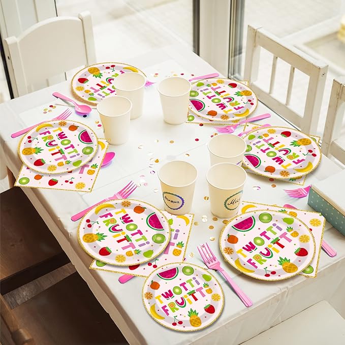 OBUSATT 96Pcs Twotti Frutti Party Supplies Summer Fruit 2nd Birthday Paper Plates Napkins Fruit Party Decorations Lemon Watermelon Pineapple Strawberry Dinnerware Favor Tableware Serves 24