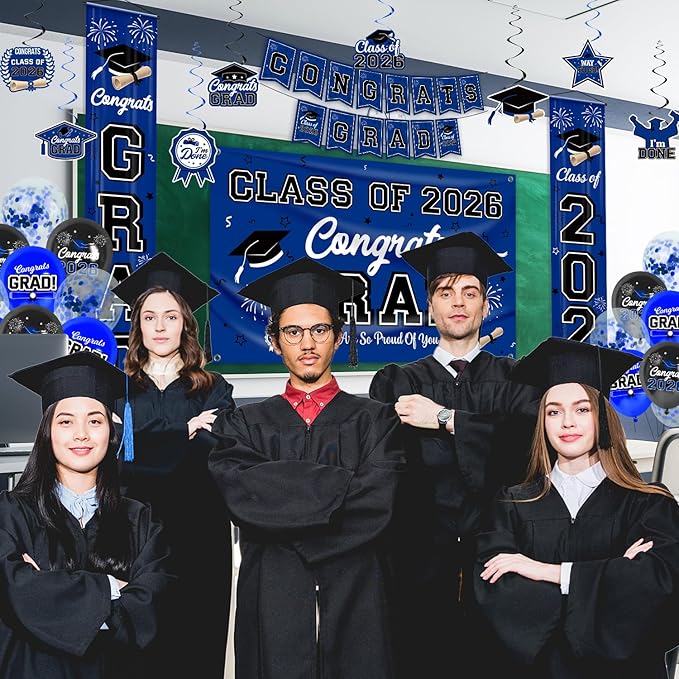 Graduation Decorations Class of 2026 Blue Party Decor Set include Congrats Grad Banner Graduation Backdrop Class of 2026 Balloons Party Supplies
