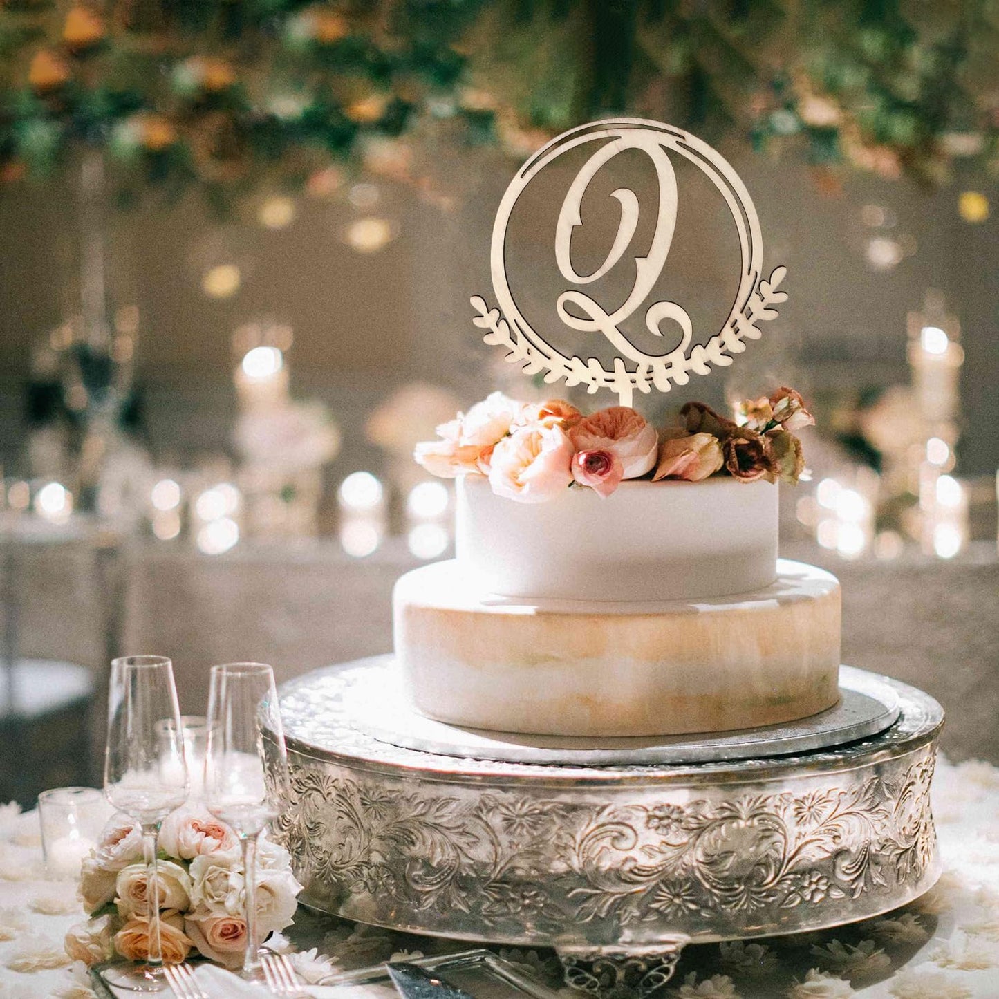 LINGTEER Personalized Inital Letter Q Wooden Cake Topper Perfect for Birthday Rustic Wedding Anniversary Keepsake Party Decoration