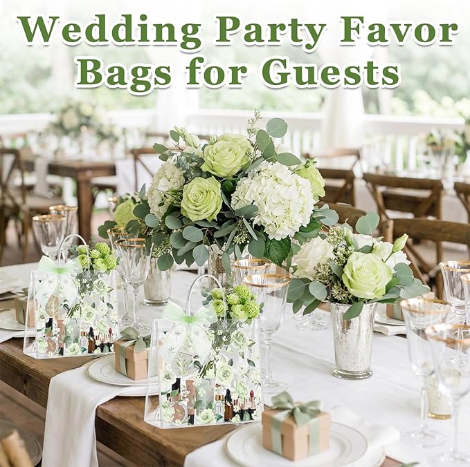Wesnoy 24 Pcs Clear Floral Gift Bags with Handles Rose Green Flower PVC Treat Tote Bag for Tea Birthday Party Wedding Bridal Shower Bachelorette Anniversary Engagement Guests, 7.8 x 7.8 x 3.2 Inch