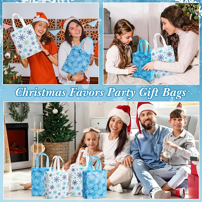 Wovnet 30 Pcs Christmas Bags Bulk Blue and White Snowflake Winter Merchandise Gift Bags with Handles Reusable Non Woven Tote Shopping Goodie Pouch for Xmas Party Favors Supplies 10 x 8 x 4in