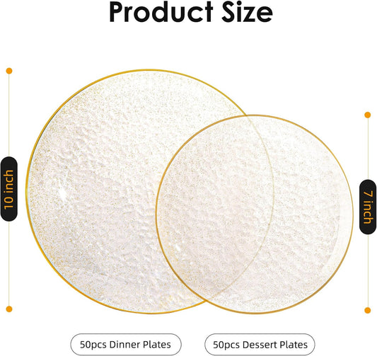 Lullaby 100PCS Clear Plastic Plates with Gold Rim, Includes 50pcs Dinner Plate 10” and 50pcs Dessert Plate 7”, Disposable Heavyduty Plates for Birthdays, Parties and Wedding