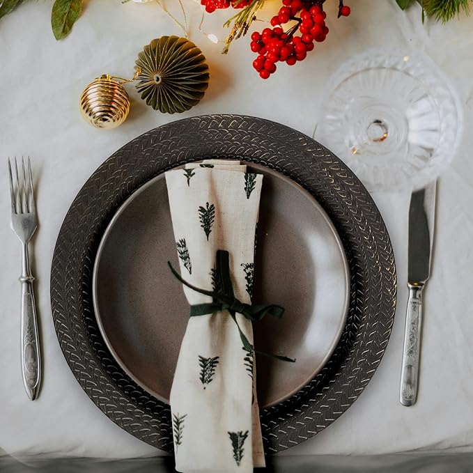 13" Antique Black Leaf Trim Round Charger Plates for Dinner, Table Chargers Plates Bulk, 6Pcs