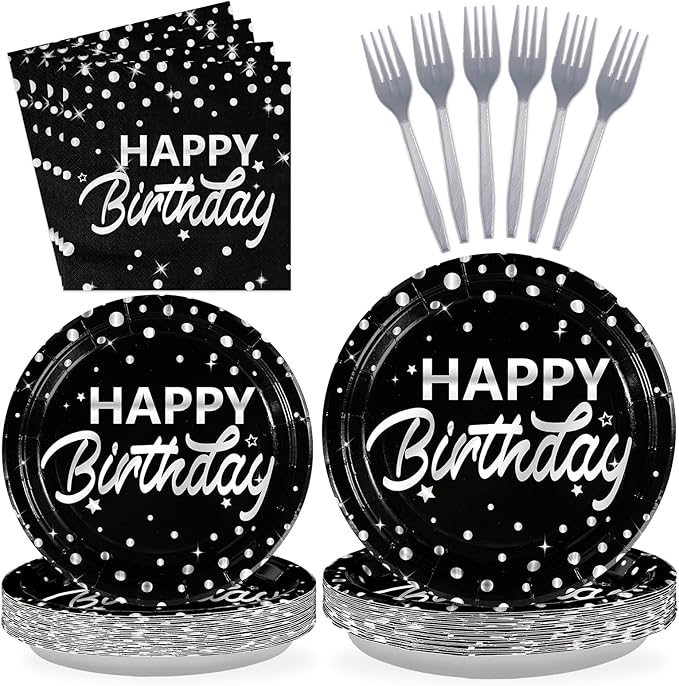 Grencian 96Pcs Black and Silver Happy Birthday Party Supplies Decorations Silver Star Polka Dots on Black Paper Plates and Napkins Disposable Dessert Tableware Set for Women Men Adult Party Serves 24