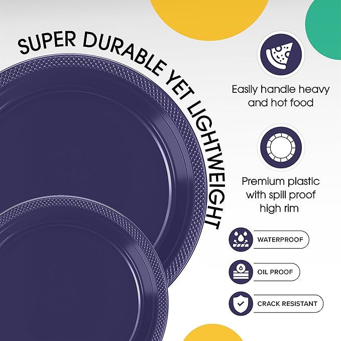 Party Solids Navy Plastic Plates For Party Supplies, Navy Disposable Plates 100 Pieces - 50-7" & 50-9" Heavy Duty 350 GSM Disposable Dinnerware Sets, Plastic Dinnerware Sets