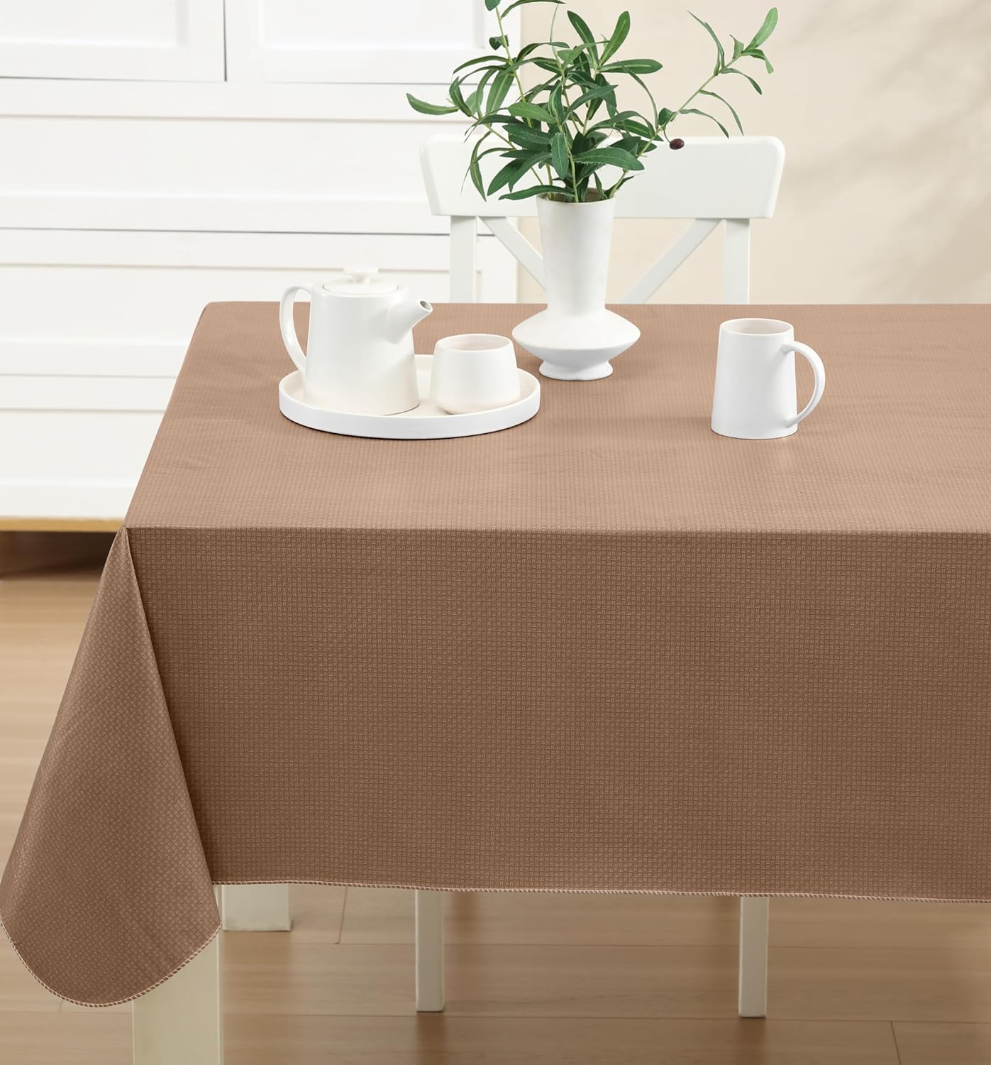 Newbridge Basketweave Vinyl Flannel Backed Tablecloth, 60 x 120 Inch Rectangle, Taupe, Basket Weave Textured Indoor Outdoor Waterproof Table Cover for Patio, Kitchen, Dining