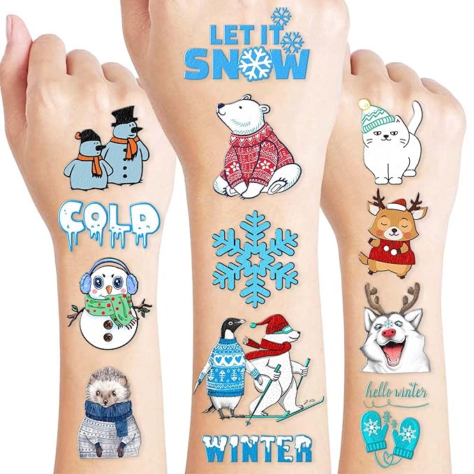 Winter Temporary Tattoos Stickers for Kids – 96PCS Snowflake, Penguin, Snowman, and Reindeer Tattoos for Christmas Birthday Party Favors, Decorations, Supplies Holiday Classroom Prizes Gifts Rewards