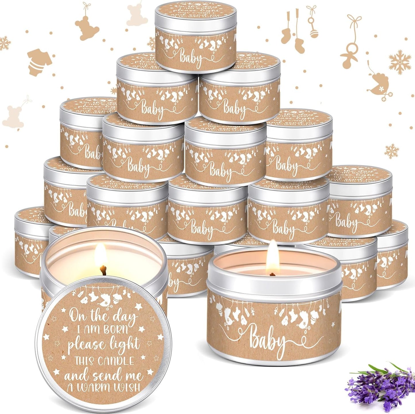 MTLEE 24 Pcs Kraft Paper Baby Shower Party Favors Candles Lavender Scented Baby Shower Favors for Guests Rustic Tealights Candles Gender Reveal Return Gifts Girl Boy(1.2 Oz, Khaki)
