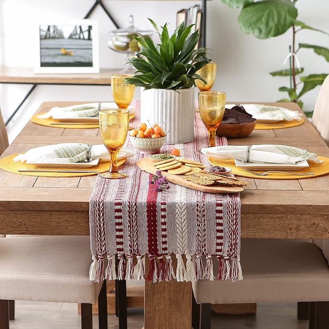 DII Farmhouse Braided Stripe Table Runner Collection, 15x108 (15x113, Fringe Included), Barn Red
