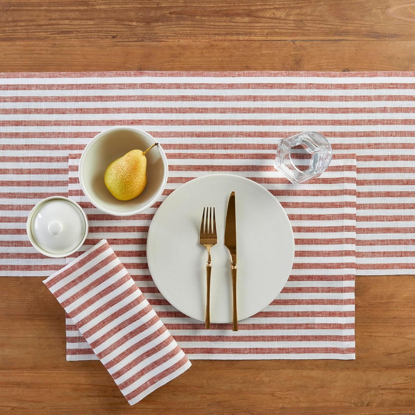 Solino Home Linen Table Runner 60 Inches - Amalfi Stripe 100% Pure Linen Cinnamon and White Farmhouse Table Runner 14 x 60 Inch Ideal for Dresser and Coffee Tables - Fall, Halloween, Thanksgiving