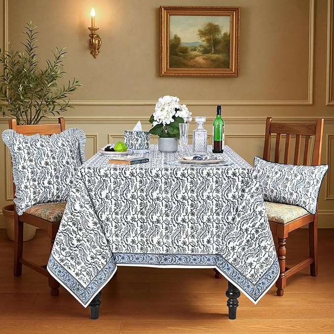 Ridhi Hand Block Print Baby Blue Eyes Rectangle Cotton Tablecloth 190" x 72" Reusable Table Cover Decorative Everyday Use for Dining, Farmhouse, Home Gift for Spring, Easter, Valentine