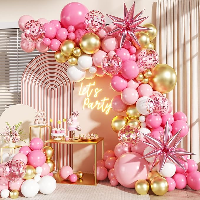Pink White Gold Balloon Garland Arch Kit, 140Pcs Hot Pastel Pink Gold White Confetti Balloons With Stars for Birthday Wedding Birdal Shower Gender Reveal Graduation Party Decorations