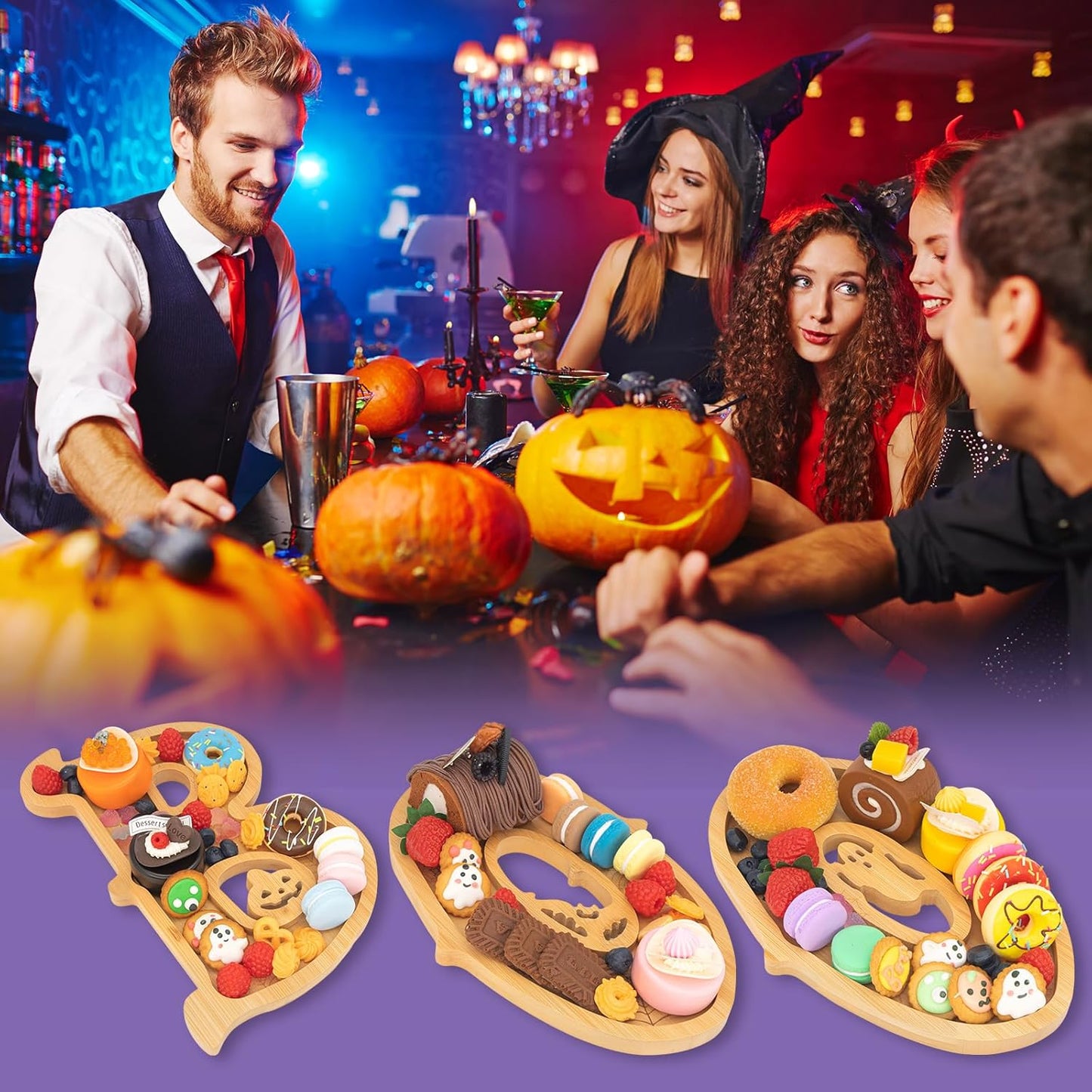 3PCS Wooden Halloween Decorations Letters Charcuterie Board Box-(with 14 Balloons) BOO Charcuterie Letters Fillable Food Halloween Party Supplies Halloween Party Table Decoration Food Tray Platter