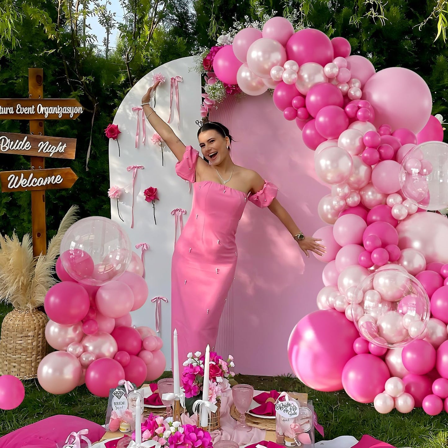 Hot Pink Balloon Arch Kit 101Pcs Double Stuffed Pearl Pink Light Pink Clear Balloon Different Size for Princess Wedding Birthday Baby Shower Bachelorette Party Decorations