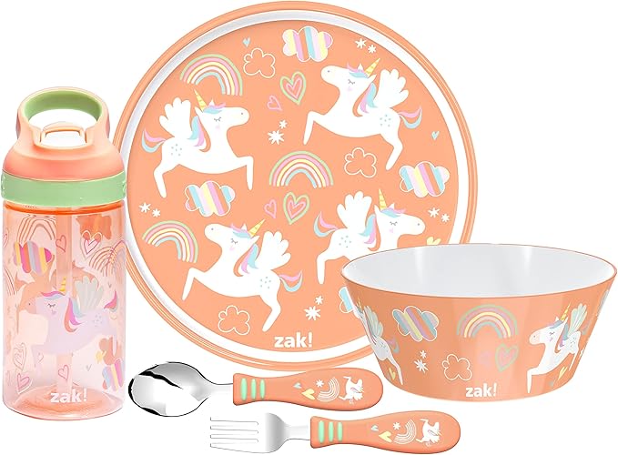 Zak Designs 5-Piece Dinnerware Set, Unicorn - Durable Plastic & Stainless Steel - Includes Water Bottle, 8-Inch Plate, 6-Inch Bowl, Fork & Spoon - Suitable for Kids Ages 3+