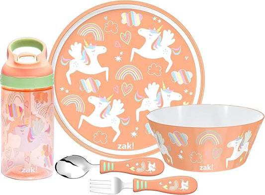 Zak Designs 5-Piece Dinnerware Set, Unicorn - Durable Plastic & Stainless Steel - Includes Water Bottle, 8-Inch Plate, 6-Inch Bowl, Fork & Spoon - Suitable for Kids Ages 3+