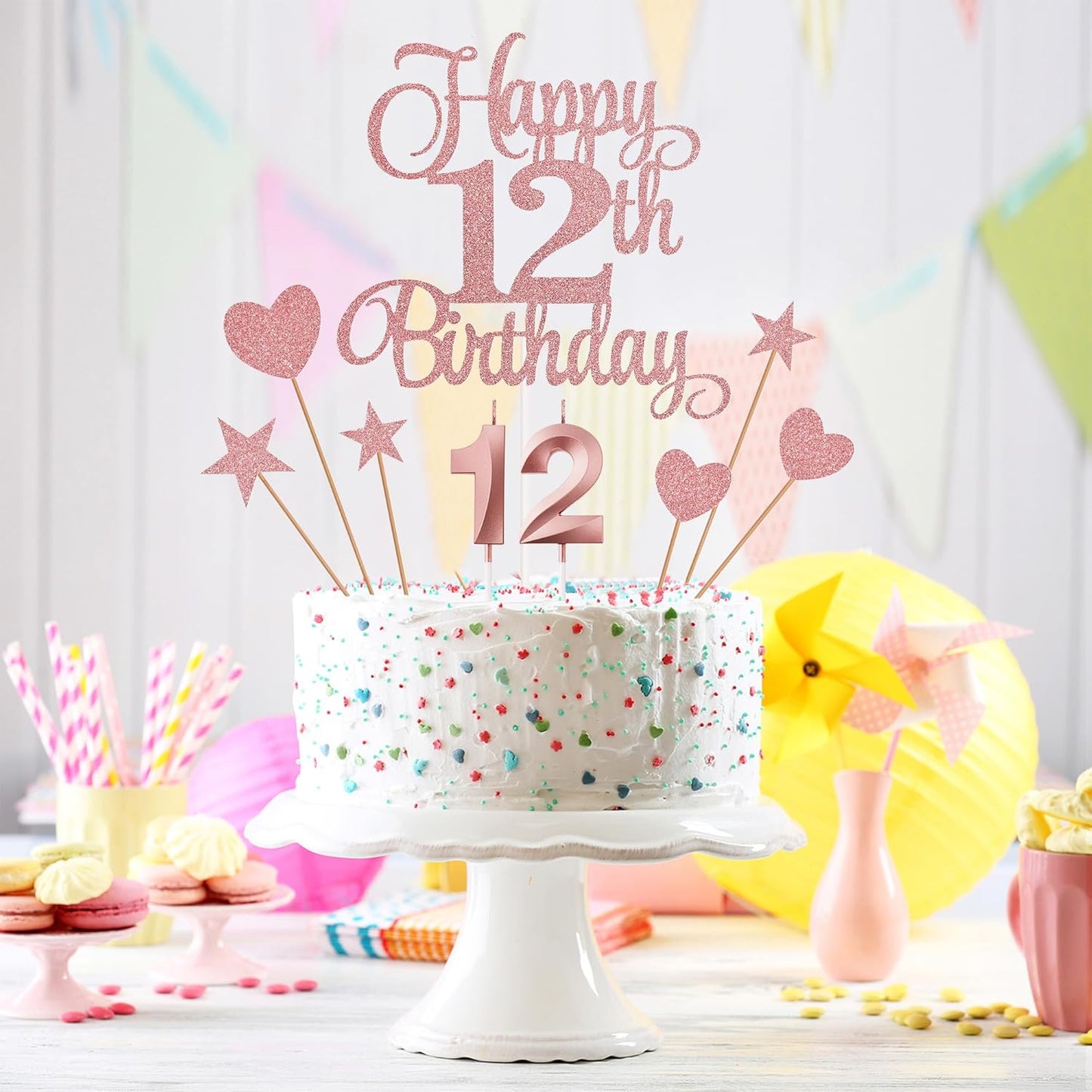 12th Birthday Cake Decorations, 12th Birthday Candles Cake Numeral Candles and Glitter Happy 12th Birthday Cake Toppers Set for Birthday Party Supplies (Rose Gold)
