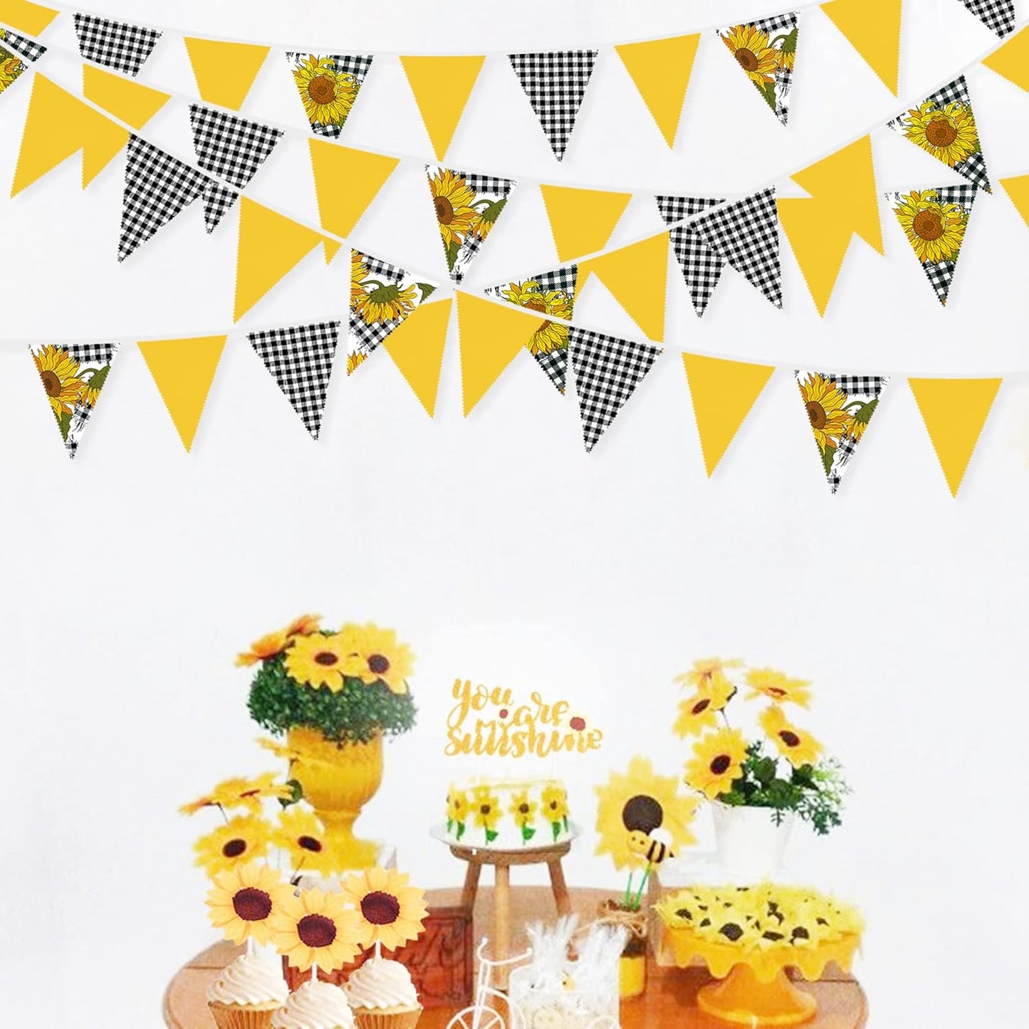 32Ft Yellow and Black Plaid Sunflower Pennant Banner Fabric Triangle Flag Bunting Garland for Sunflower Spring Summer Birthday Wedding Baby Bridal Shower Tea Party Outdoor Garden Hanging Decorations