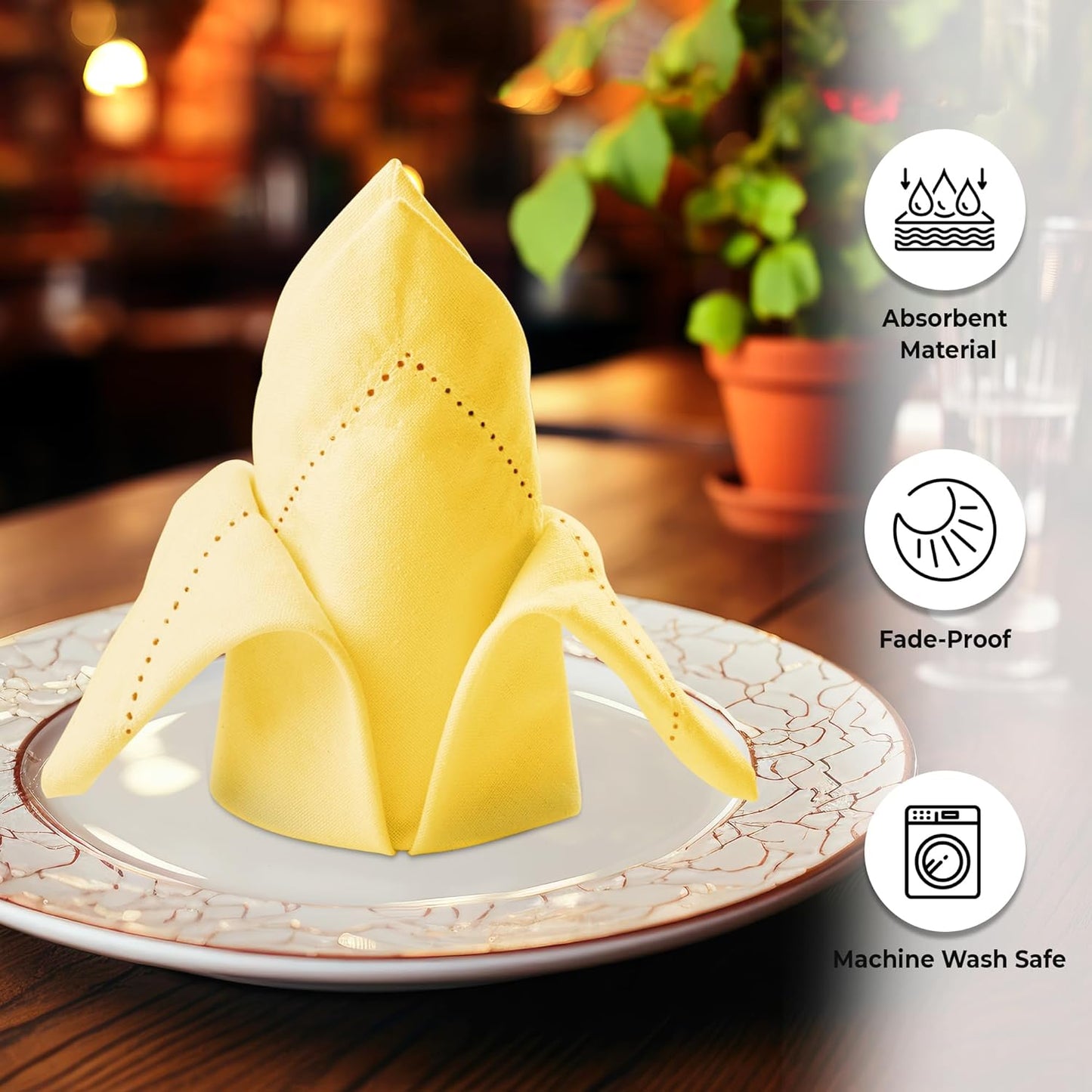 Urban Villa Fall Cloth Napkins Hemstitch Solid Yellow 100% Cotton Absorbent Dinner Napkins (Set of 12) 20x20 Inches Soft Durable Washable Reusable Ideal for Everyday Use Wedding Parties Thanks Giving