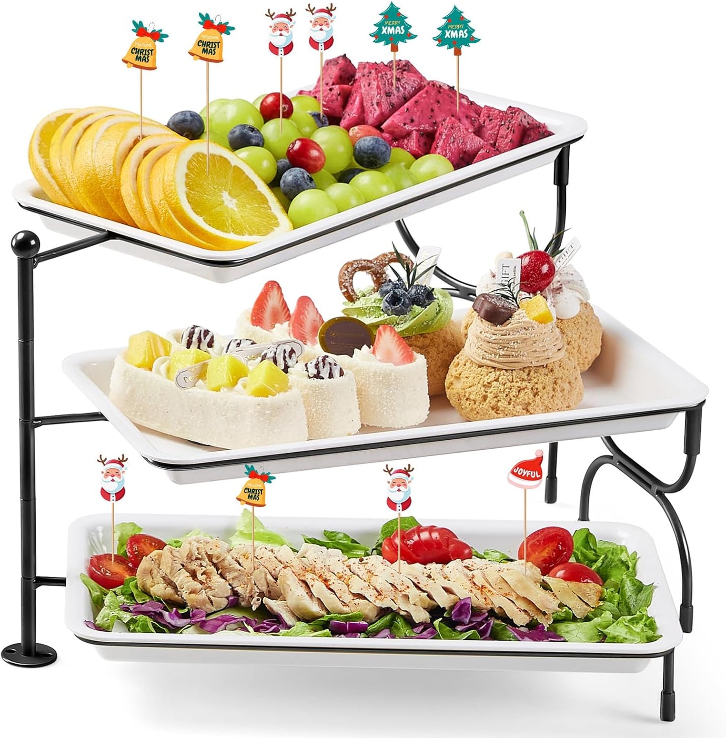 Lifewit 3 Tier Serving Tray, 12" x 6.5" White Plastic Tiered Food Serving Platters, Rotatable Tiered Tray Stand for Party with Black Collapsible Metal Stand, Dessert Table Stands for Cookies, Crackers