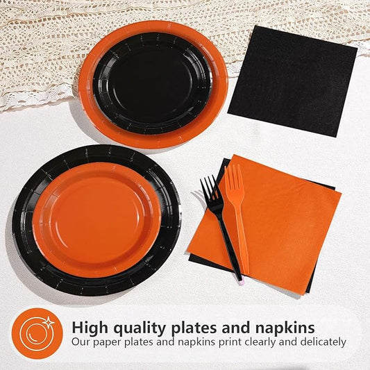 Grencian 200Pcs Orange and Black Party Decorations Orange and Black Plates and Napkins Disposable Paper Tableware for Birthday Wedding Baby Shower Halloween Fall Harvest Party Supplies, Serves 50
