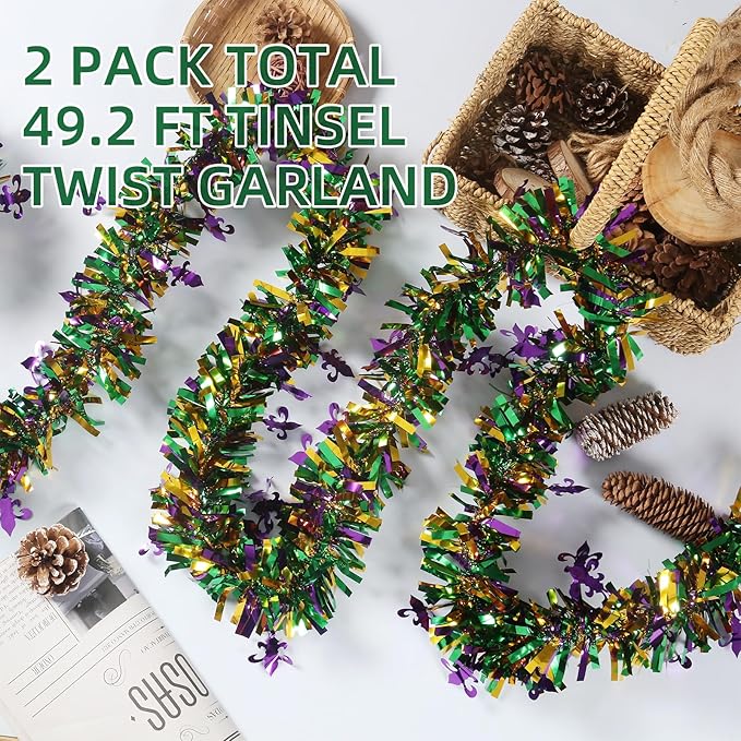 50 Feet Mardi Gras Tinsel Garland Gold Green Purple Mardi Gras Christmas Tree Tinsel Garland Metallic Twisted Hanging for Oktoberfest Birthday Party Decoration, A