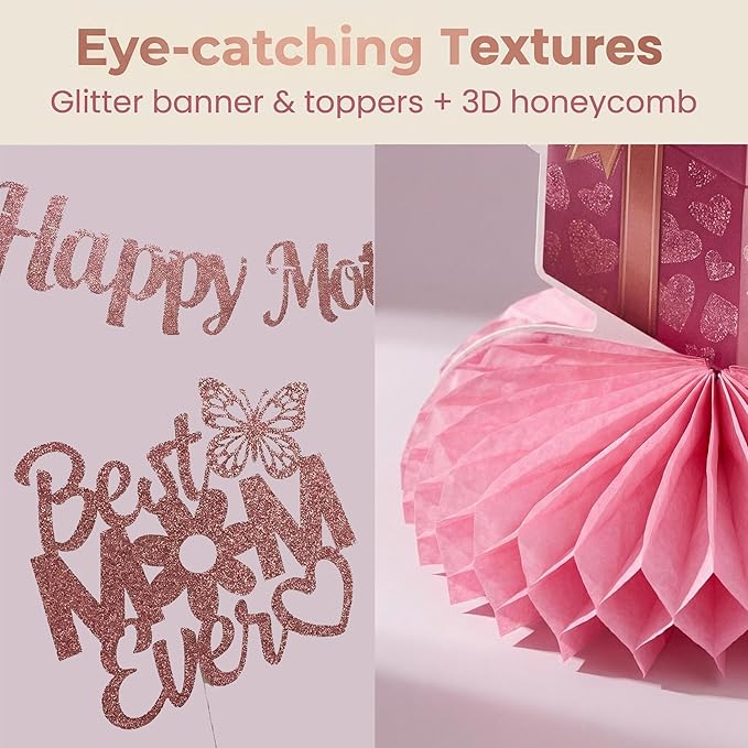 Happy Mother's Day Decorations Set, Happy Mothers Day Banner Cake Toppers Rose Gold Glitter Mothers Day Decor Table Honeycomb Centerpieces for Mothers Day Party Table Decor Supplies