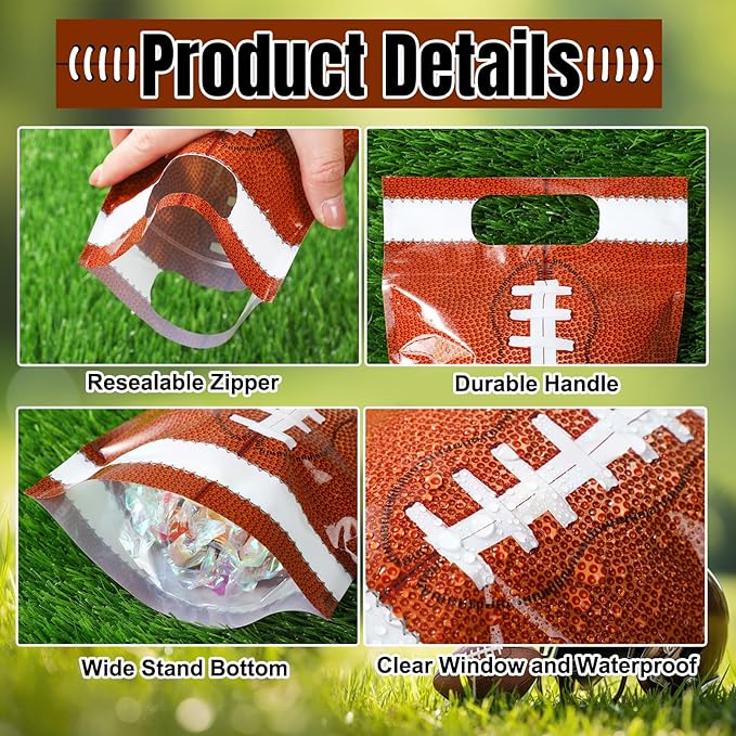 Blosssound 50 Pcs Sport Plastic Bags Clear Football Sealed Pouches with Handles Resealable Football Party Gift Bags for Sports Theme Birthday Party Candy Gift Wrap Supplies Decoration